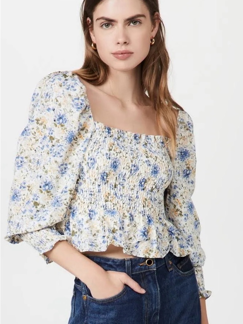 En Saison Blue & White Floral Top Size Small